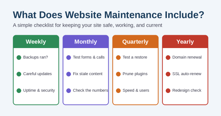 What website maintenance includes: weekly, monthly, quarterly, and yearly tasks